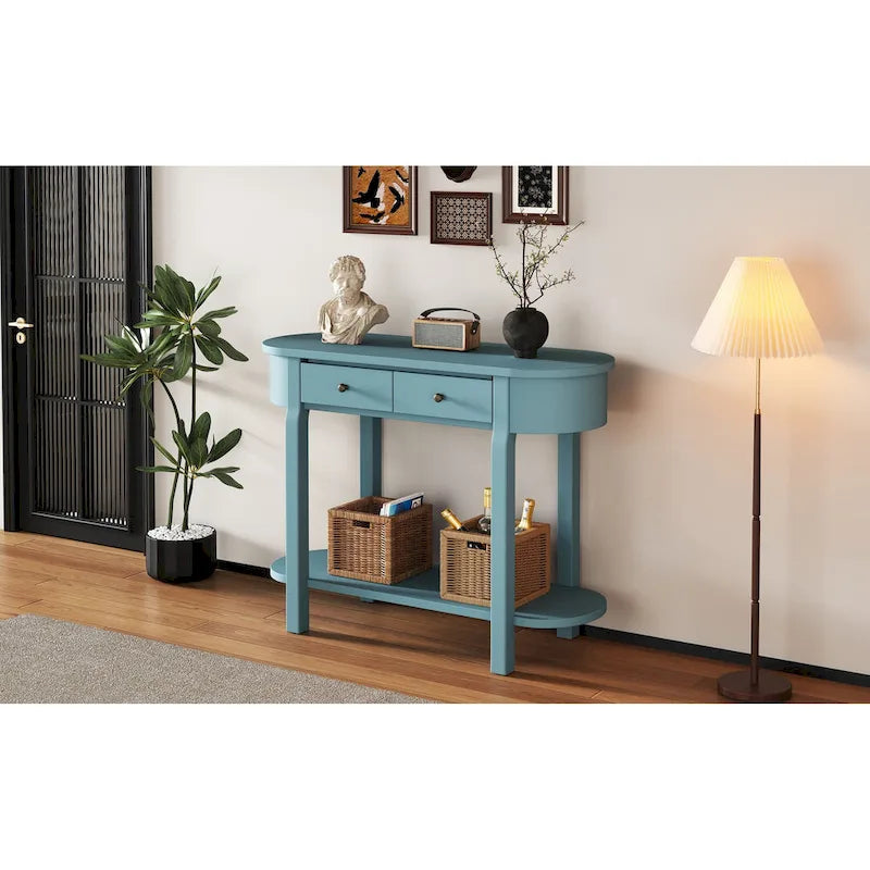 Console de style vintage avec 2 tiroirs de rangement, étagère inférieure ouverte et design incurvé pour entrée de maison et hôtel