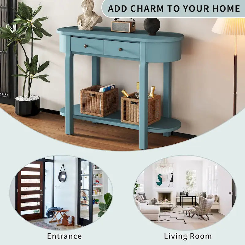 Console de style vintage avec 2 tiroirs de rangement, étagère inférieure ouverte et design incurvé pour entrée de maison et hôtel
