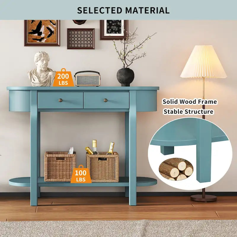 Console de style vintage avec 2 tiroirs de rangement, étagère inférieure ouverte et design incurvé pour entrée de maison et hôtel