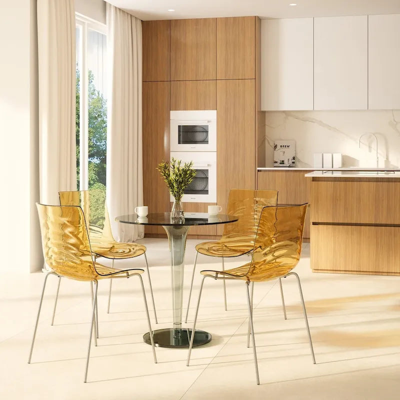 Chaise de salle à manger en acrylique avec pieds chromés, design moderne à ondulations