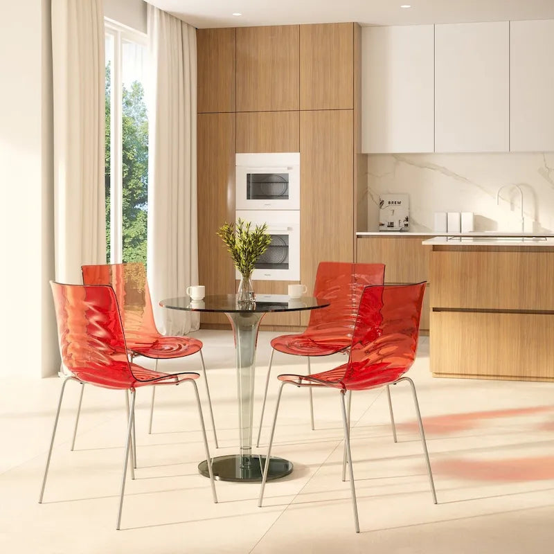 Chaise de salle à manger en acrylique avec pieds chromés, design moderne à ondulations