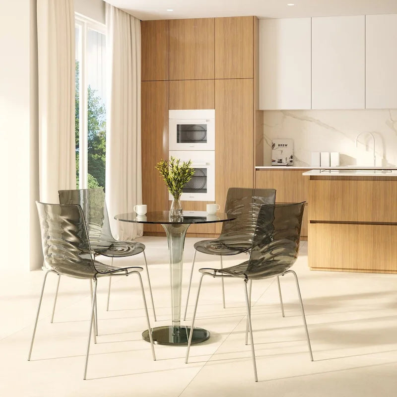 Chaise de salle à manger en acrylique avec pieds chromés, design moderne à ondulations