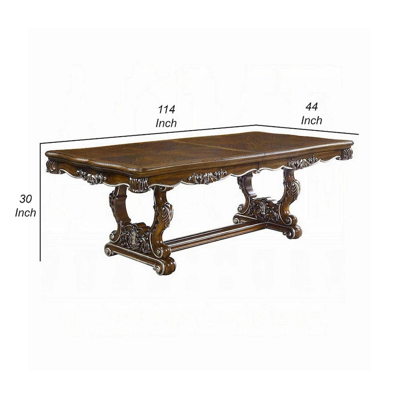Table de salle à manger extensible avec bordure sculptée argentée, 90-114 pouces, chêne antique