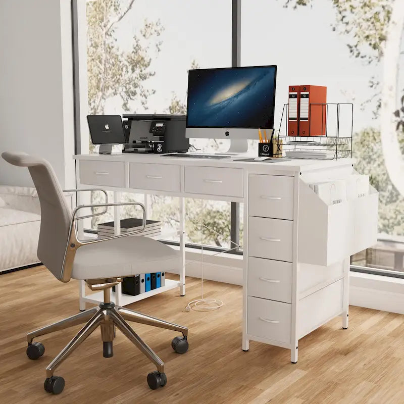 Modern Computer Desk with 7 Drawers and Built In Power Station for Gaming and Studying or Home Office Setup