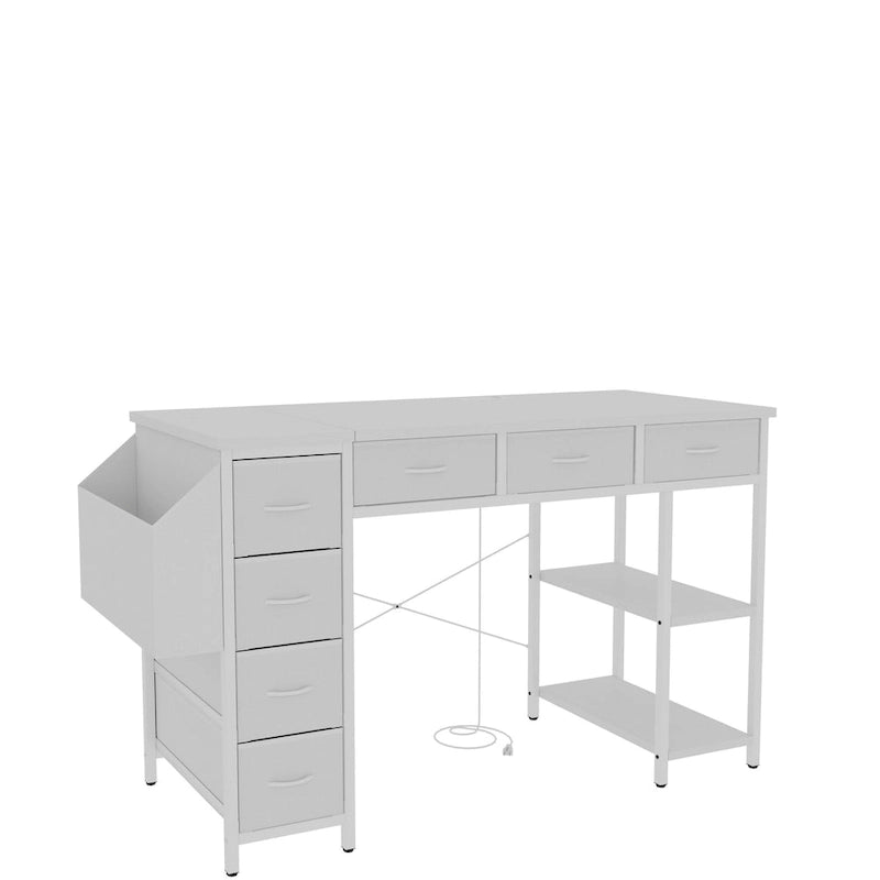 Bureau d'ordinateur moderne avec 7 tiroirs et station d'alimentation intégrée pour les jeux, les études ou l'aménagement d'un bureau à domicile.