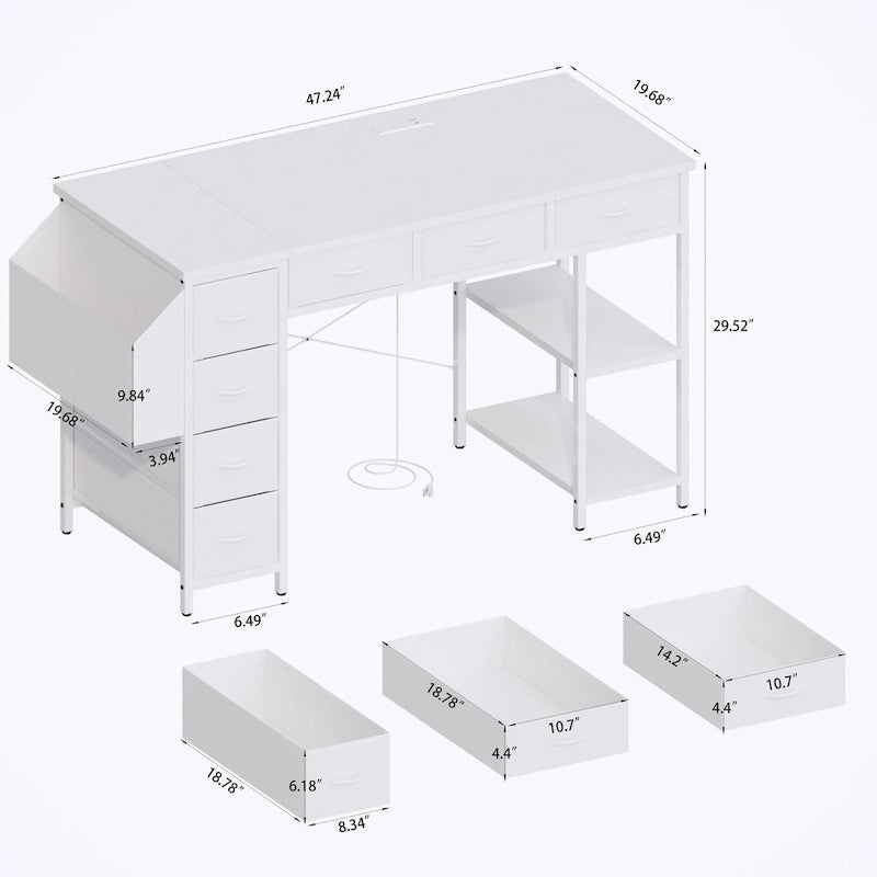 Bureau d'ordinateur moderne avec 7 tiroirs et station d'alimentation intégrée pour les jeux, les études ou l'aménagement d'un bureau à domicile.