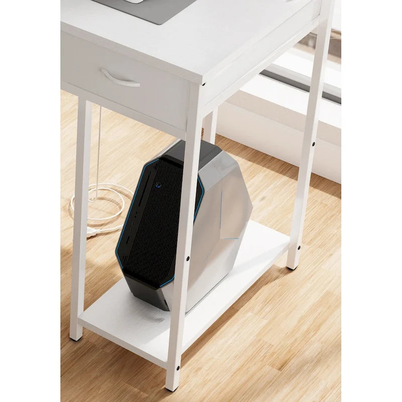 Bureau d'ordinateur moderne avec 7 tiroirs et station d'alimentation intégrée pour les jeux, les études ou l'aménagement d'un bureau à domicile.