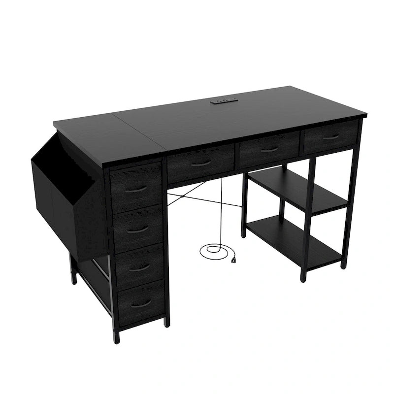 Bureau d'ordinateur moderne avec 7 tiroirs et station d'alimentation intégrée pour les jeux, les études ou l'aménagement d'un bureau à domicile.
