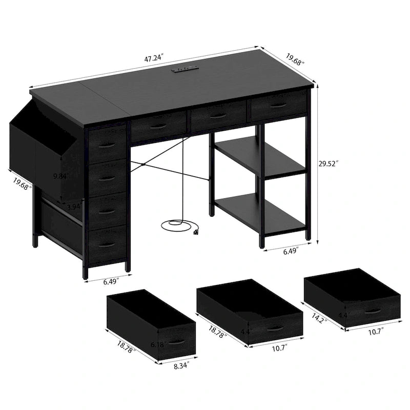 Bureau d'ordinateur moderne avec 7 tiroirs et station d'alimentation intégrée pour les jeux, les études ou l'aménagement d'un bureau à domicile.