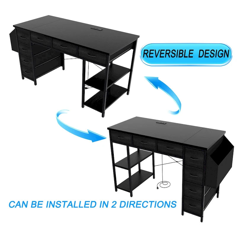 Bureau d'ordinateur moderne avec 7 tiroirs et station d'alimentation intégrée pour les jeux, les études ou l'aménagement d'un bureau à domicile.