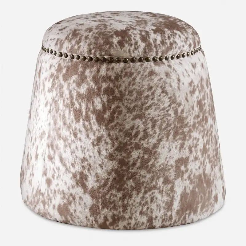 Repose-pieds pouf en similicuir de vache avec garniture cloutée, marron et blanc