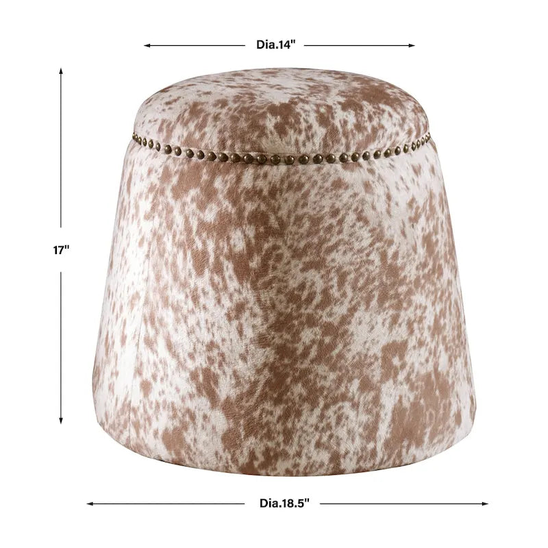 Repose-pieds pouf en similicuir de vache avec garniture cloutée, marron et blanc