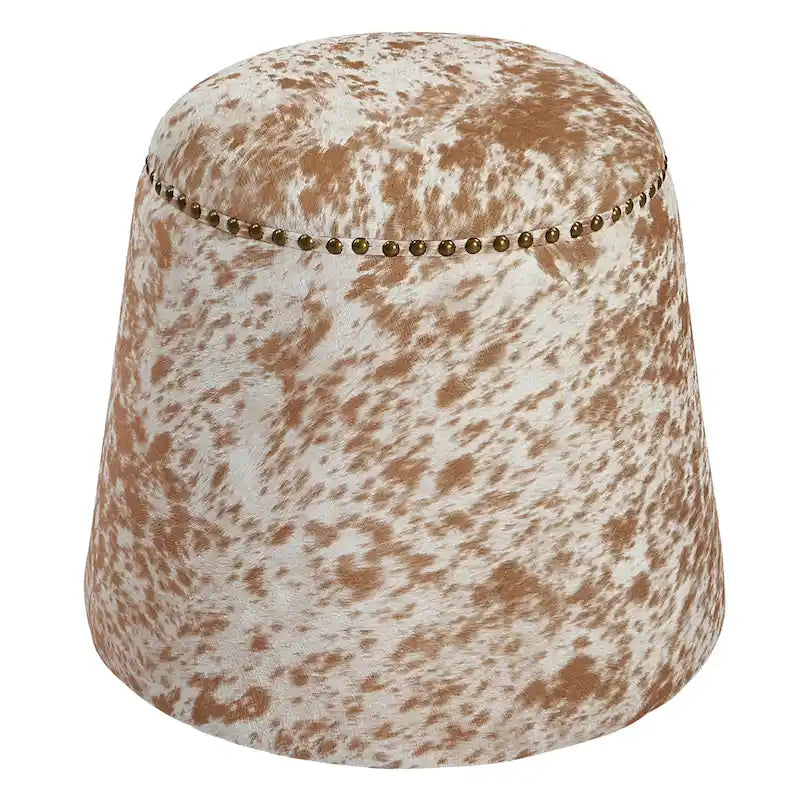 Repose-pieds pouf en similicuir de vache avec garniture cloutée, marron et blanc