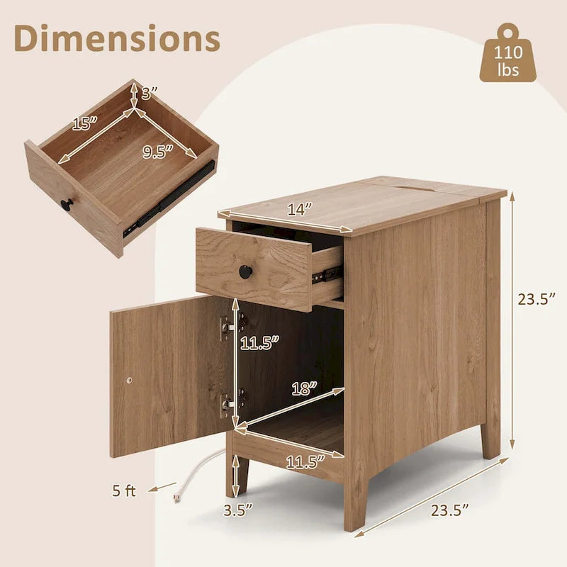 Table d'appoint avec station de recharge et plateau relevable, table de chevet ou de bout de canapé