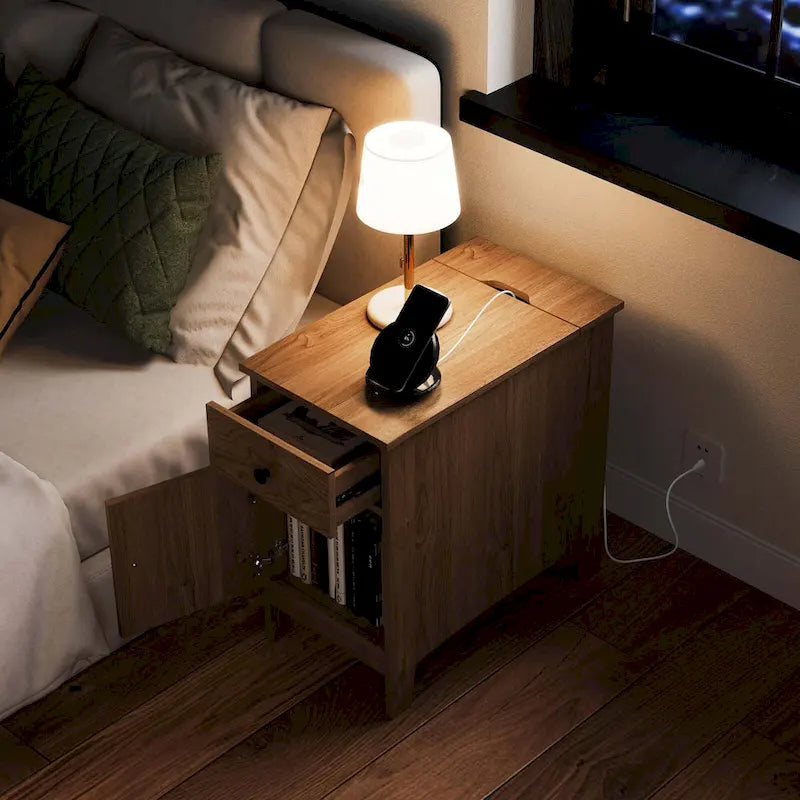 Table d'appoint avec station de recharge et plateau relevable, table de chevet ou de bout de canapé