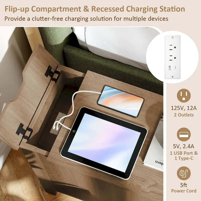 Table d'appoint avec station de recharge et plateau relevable, table de chevet ou de bout de canapé