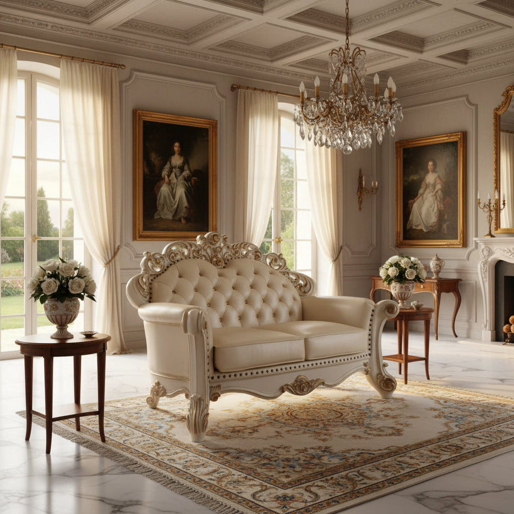 Antoine Loveseat, Carved, Champagne Faux Leather, Pearl White 70 Inch