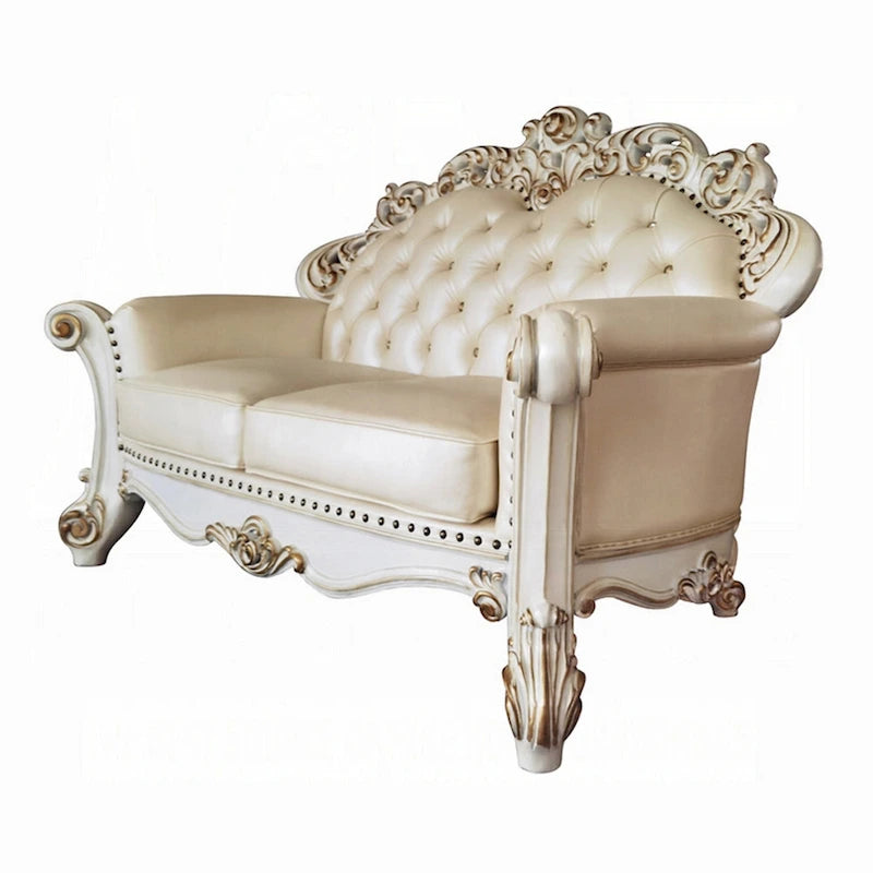Causeuse sculptée traditionnelle en similicuir couleur champagne, 178 cm