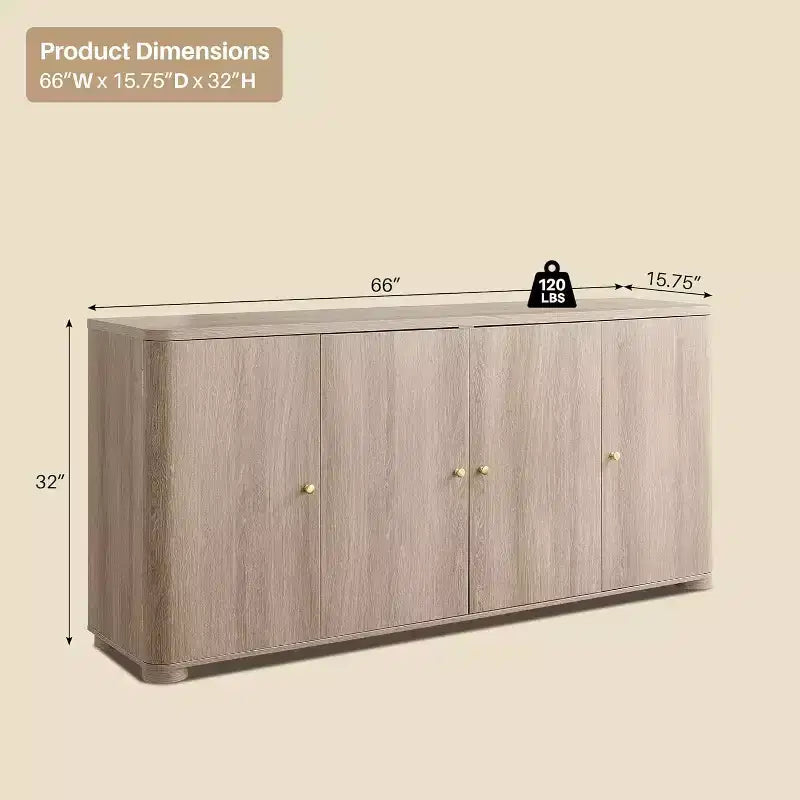 Kitchen Buffet Sideboard Cabinet with 4 Doors and Shelves, Modern Large Sideboard Buffet Storage Cabinet, 66 Coffee Bar Storage Cabinet