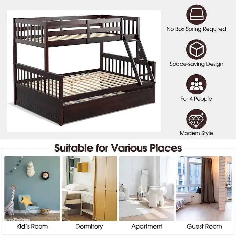 Gymax Twin Over Full Bunk Bed with Twin Trundle Convertible Platform