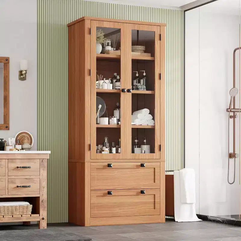 Farmhouse Kitchen Pantry Cabinet with Glass Doors, 72in Storage Cupboard with Drawers and Adjustable Shelves for Dining Room Bathroom Living Room