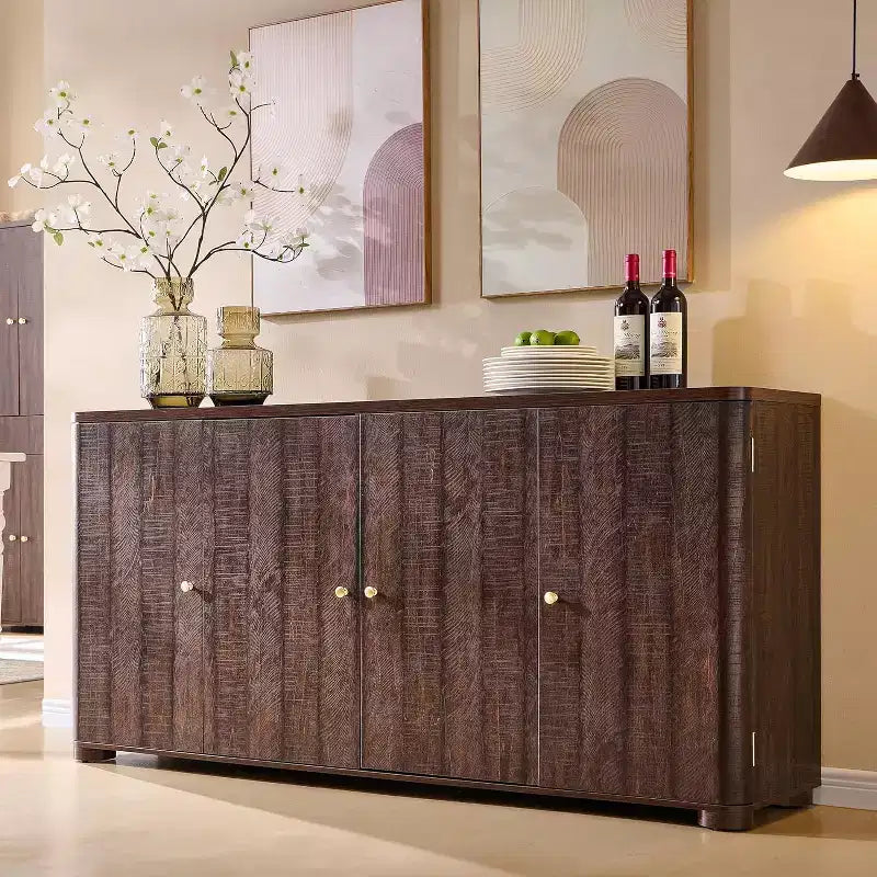 Kitchen Buffet Sideboard Cabinet with 4 Doors and Shelves, Modern Large Sideboard Buffet Storage Cabinet, 66 Coffee Bar Storage Cabinet