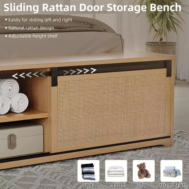 Boho Farmhouse Natural Rattan Bed Frame, Sliding Barn Door Storage and LED Light Headboard, Solid Wood Support Legs.