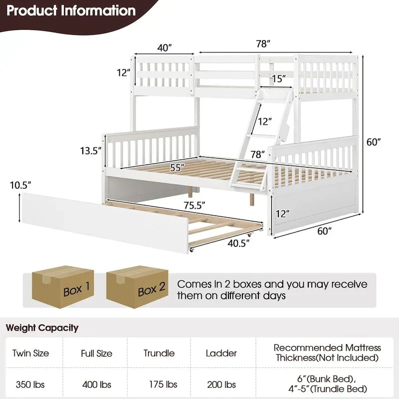 Gymax Twin Over Full Bunk Bed with Twin Trundle Convertible Platform