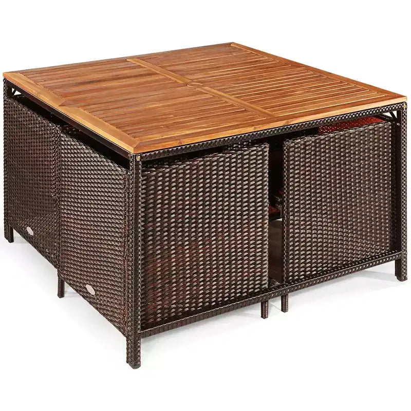 Costway 9PCS Acacia Wood Patio Rattan Dining Set Cushioned Chairs Ottoman