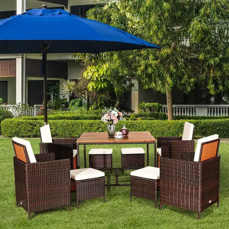 Costway 9PCS Acacia Wood Patio Rattan Dining Set Cushioned Chairs Ottoman