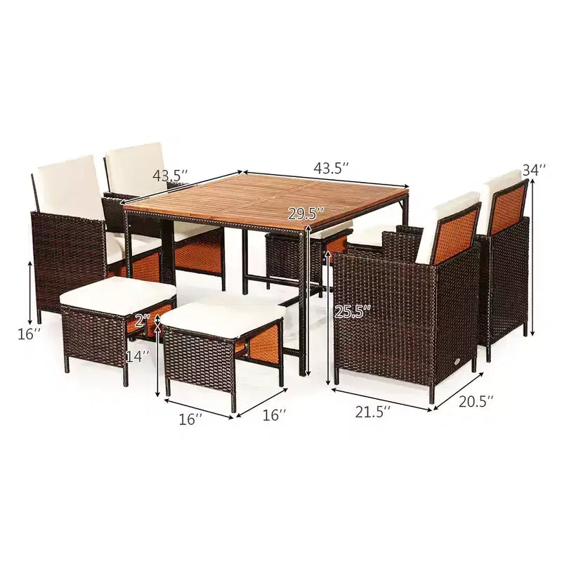 Costway 9PCS Acacia Wood Patio Rattan Dining Set Cushioned Chairs Ottoman