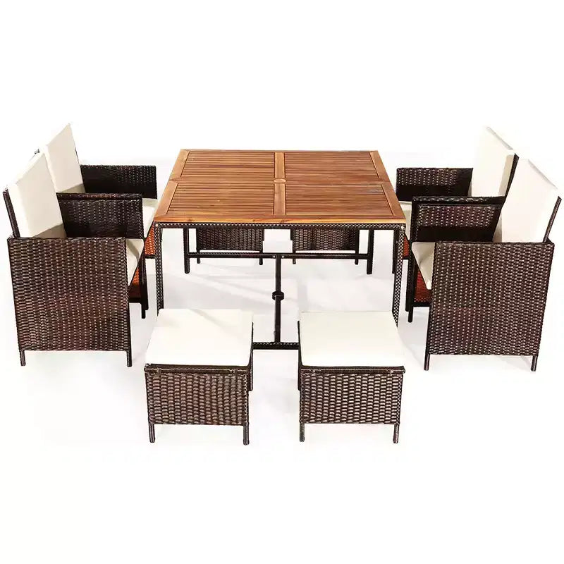 Costway 9PCS Acacia Wood Patio Rattan Dining Set Cushioned Chairs Ottoman