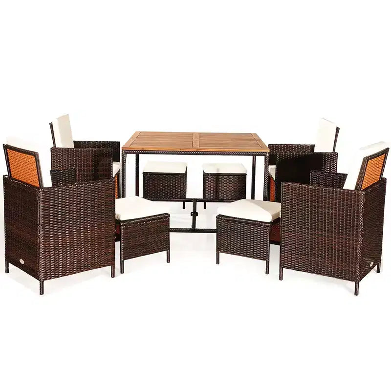 Costway 9PCS Acacia Wood Patio Rattan Dining Set Cushioned Chairs Ottoman