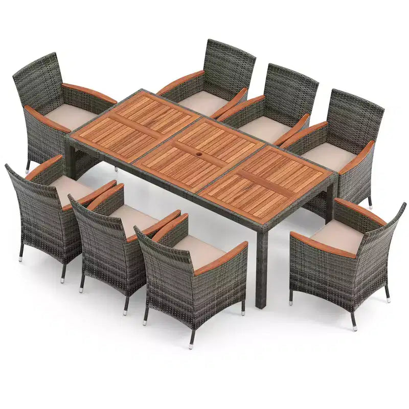 Costway 9PCS Patio Rattan Dining Set Mix Gray Acacia Wood Table Cushioned Chair