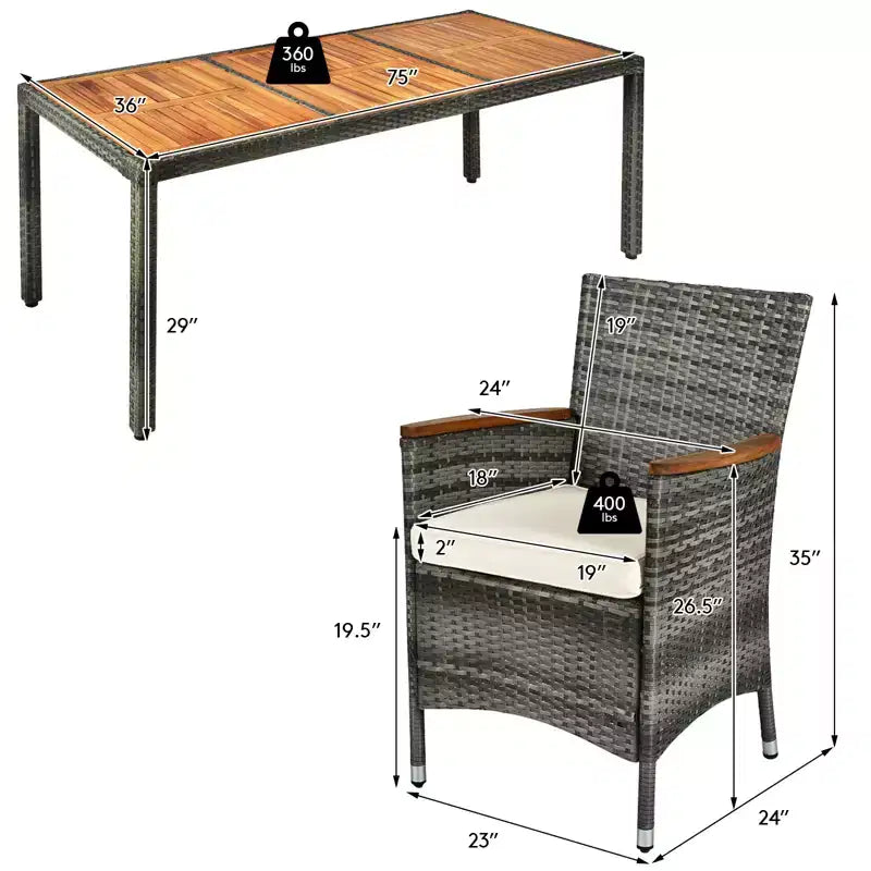 Costway 9PCS Patio Rattan Dining Set Mix Gray Acacia Wood Table Cushioned Chair