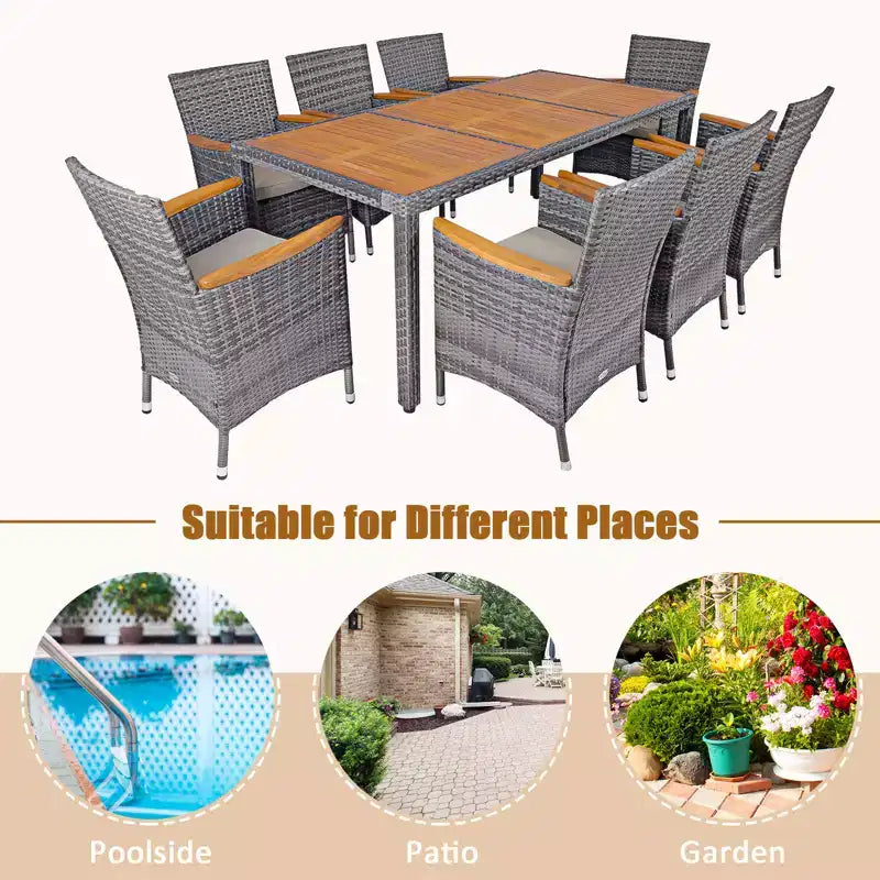 Costway 9PCS Patio Rattan Dining Set Mix Gray Acacia Wood Table Cushioned Chair