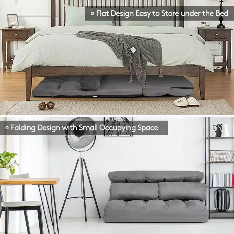 Costway Foldable Floor Sofa Bed 6-Position Adjustable Lounge Couch with 2 Pillows Blue\Beige\Grey\Black
