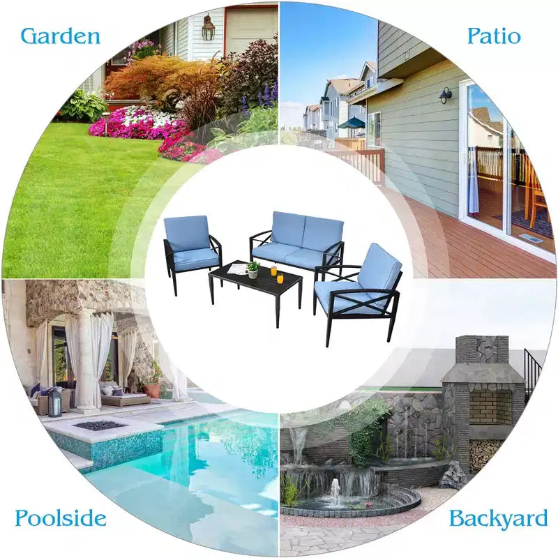Costway 4PCS Patio Furniture Set Aluminum Frame Cushioned Sofa Chair Coffee Table Blue