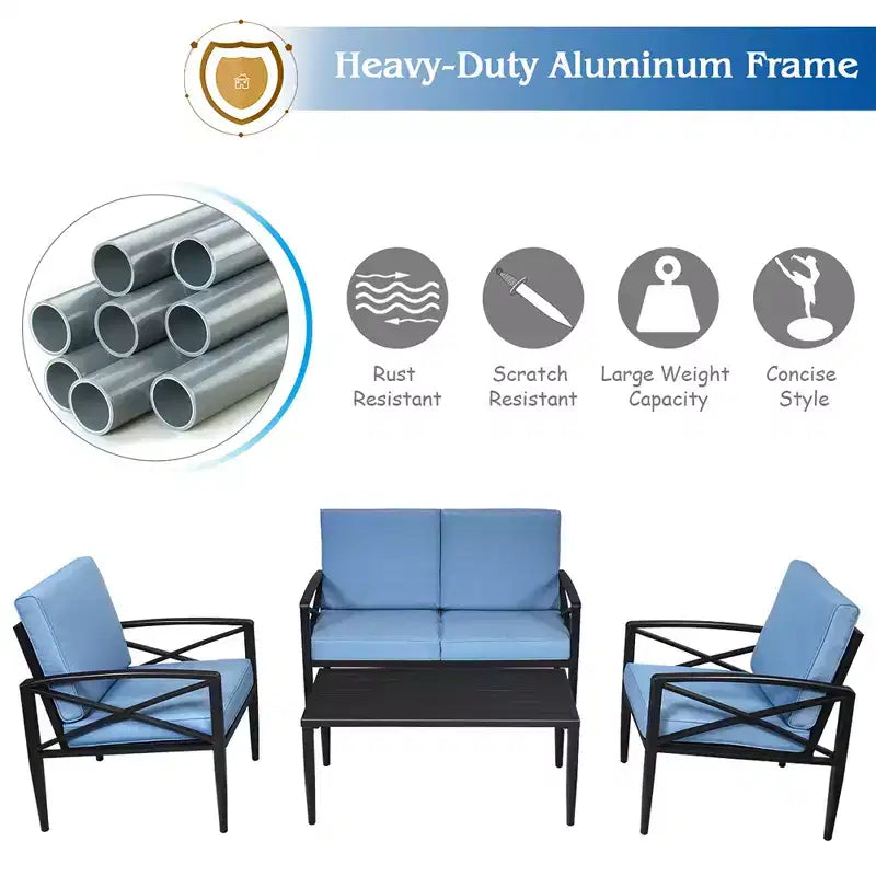 Costway 4PCS Patio Furniture Set Aluminum Frame Cushioned Sofa Chair Coffee Table Blue