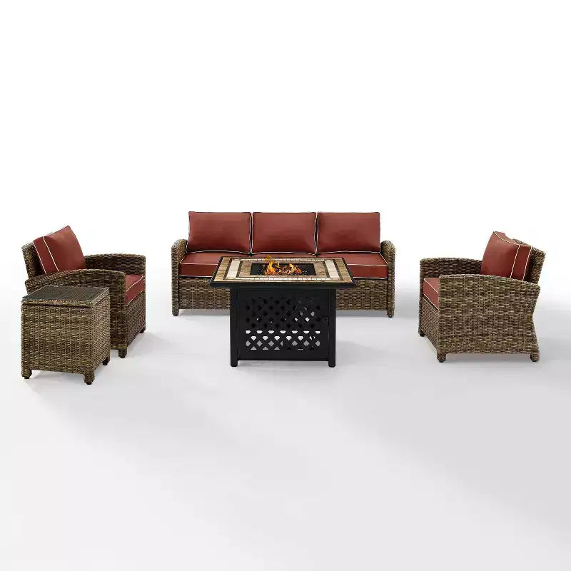 Ensemble de conversation d'extérieur Bradenton 5 pièces en osier avec table de feu - Crosley