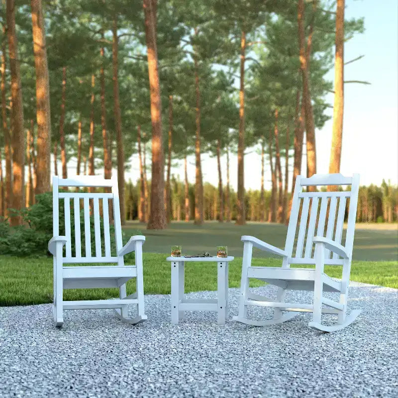 Emma and Oliver Set of 2 Indoor/Outdoor Poly Resin Rocking Chairs with Side Table