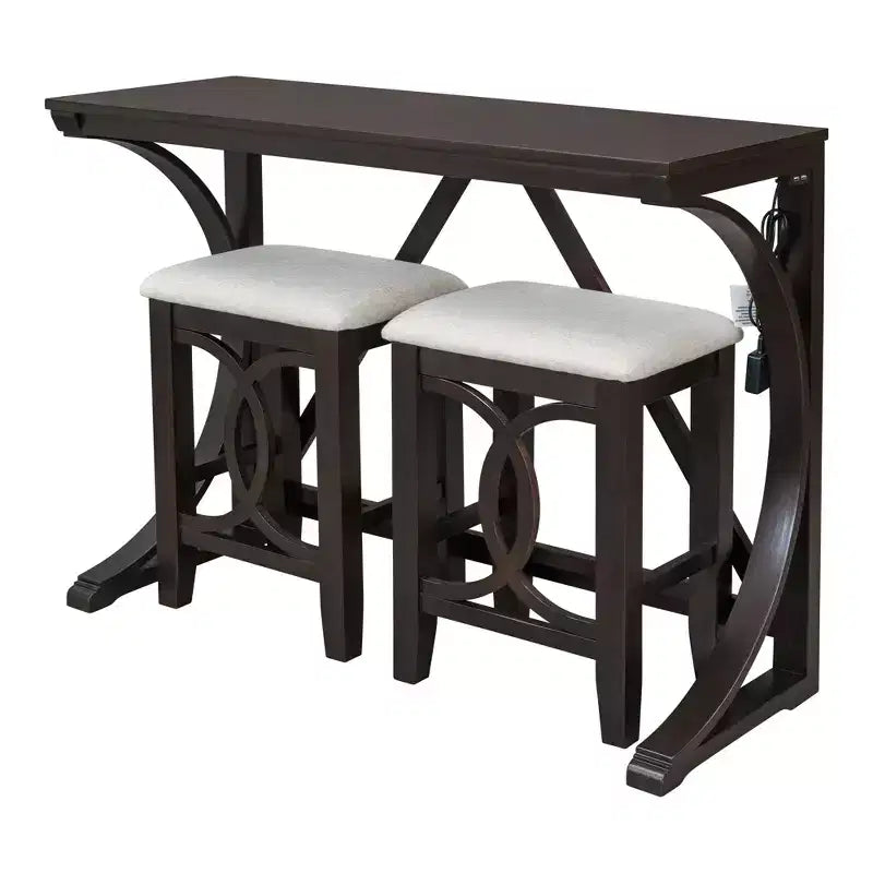 Farmhouse 3-Piece Counter Height Dining Table Set with USB Port and Upholstered Stools-ModernLuxe