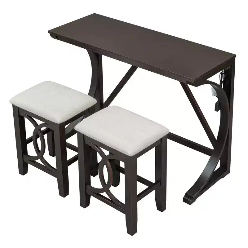 Farmhouse 3-Piece Counter Height Dining Table Set with USB Port and Upholstered Stools-ModernLuxe