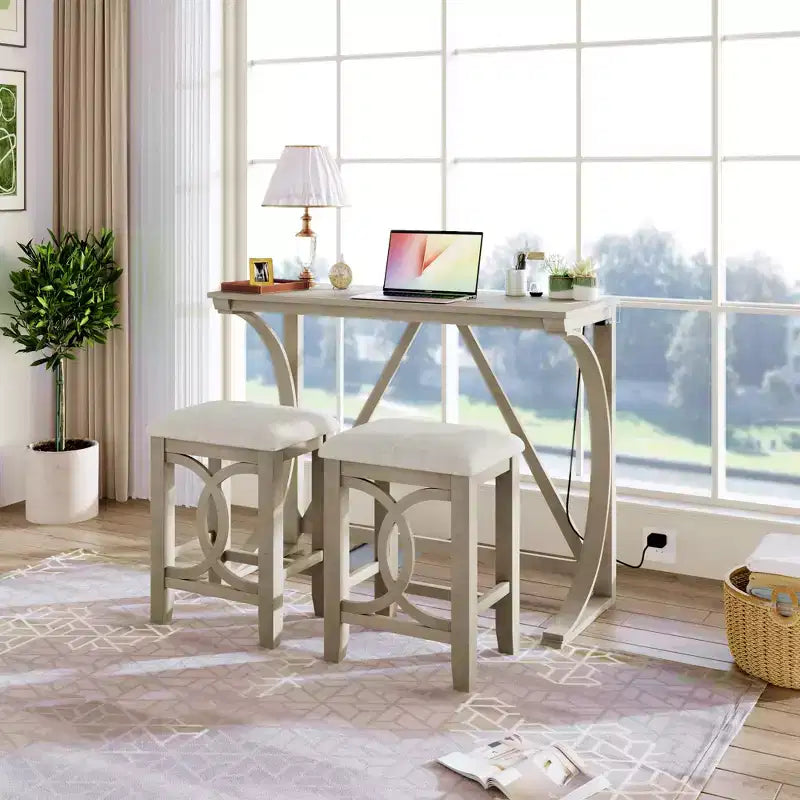 Ensemble de salle à manger 3 pièces à hauteur de comptoir de style ferme avec port USB et tabourets rembourrés - ModernLuxe