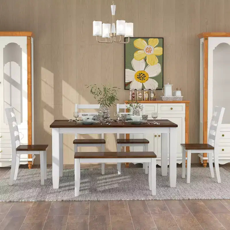 6 PCS Rustic Wood Dining Table Set, Rectangular Table with 4 Chairs & Bench-ModernLuxe