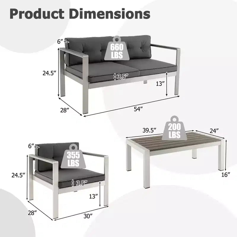 Costway 4 PCS Patio Aluminum Sofa Set Coffee Table Cushioned Loveseat Chair WPC Armrests