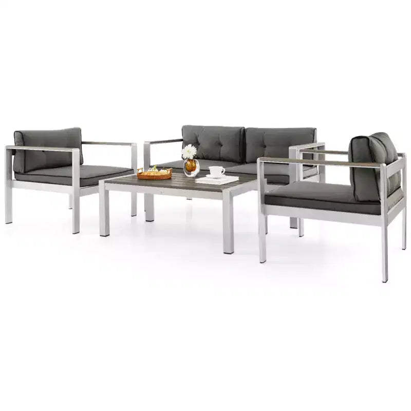 Costway 4 PCS Patio Aluminum Sofa Set Coffee Table Cushioned Loveseat Chair WPC Armrests