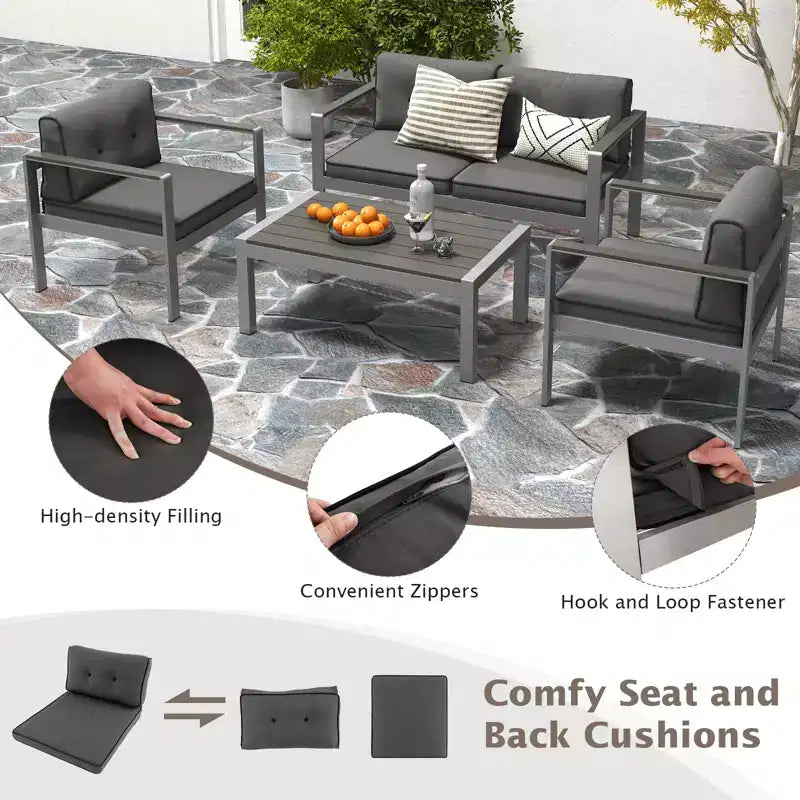 Costway 4 PCS Patio Aluminum Sofa Set Coffee Table Cushioned Loveseat Chair WPC Armrests