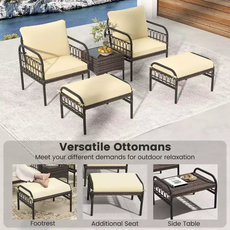 Costway 5 PCS Patio Conversation Set Outdoor Wicker Chair Set with Ottomans & Coffee Table