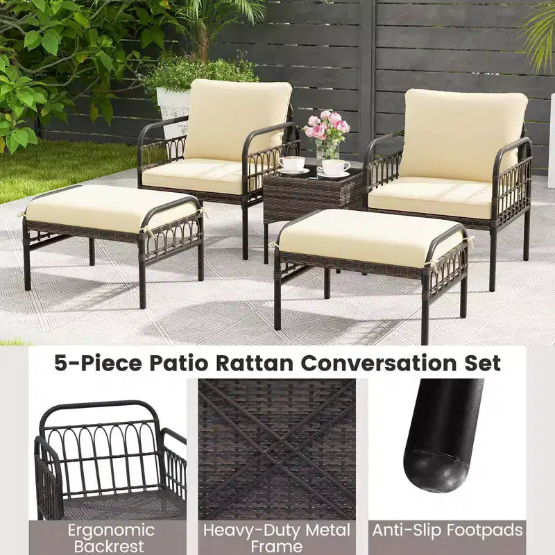 Costway 5 PCS Patio Conversation Set Outdoor Wicker Chair Set with Ottomans & Coffee Table